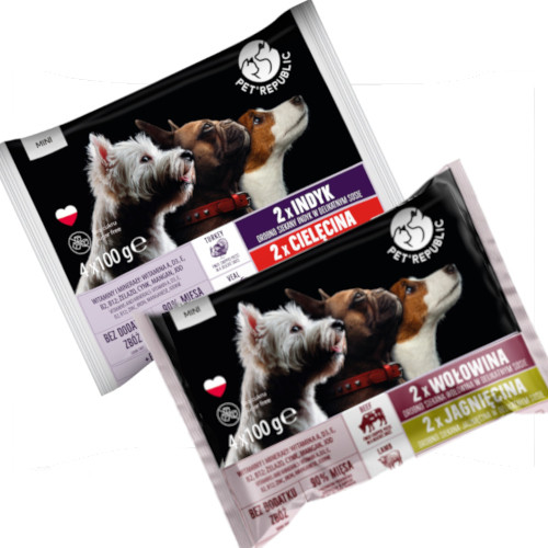 Pet Republic dla psów małych ras - MIX smaków - Indyk i cielęcina + wołowina i jagnięcina - 8 SASZETEK 2x4x100g
