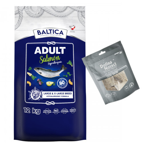 Baltica Adult Salmon Hypoallergenic duże rasy 12kg + GRATIS Dolina Noteci Treats skóra dorsza 30g