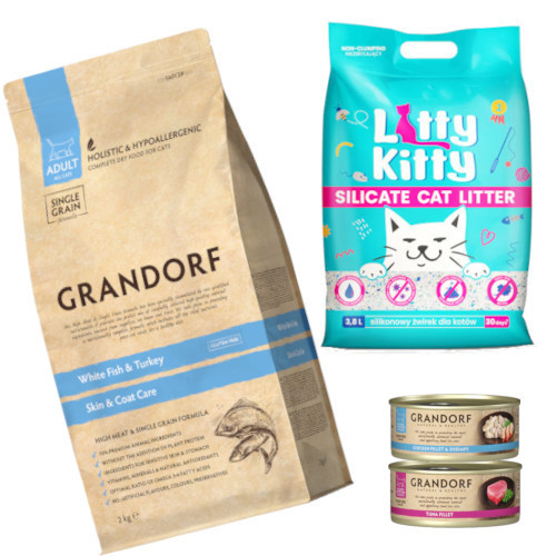 GRANDORF CAT White Fish Adult Skin&Care 2kg + Litty Kitty 3,8l Grandorf Tuna Fillet 70g i Chicken Breast&Shrimps 70g