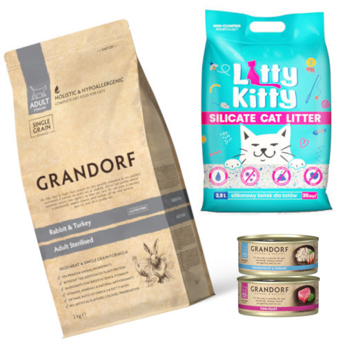 GRANDORF CAT Rabbit & Turkey Adult Sterilized 2kg + Litty Kitty 3,8  + Grandorf Tuna Fillet 70g i Chicken Breast&Shrimps 70g