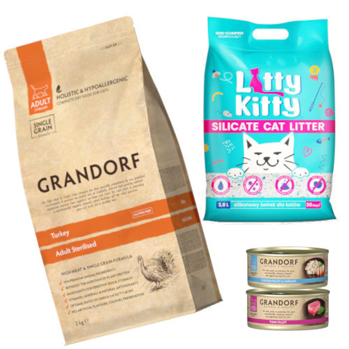 GRANDORF CAT Turkey Adult Sterilized 2kg + Litty Kitty 3,8l  + Grandorf Tuna Fillet 70g i Chicken Breast&Shrimps 70g