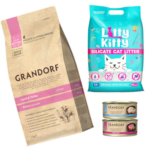 GRANDORF CAT Lamb & Turkey Kitten 2kg + Litty Kitty 3,8l  + Grandorf Tuna Fillet 70g i Chicken Breast&Shrimps 70g