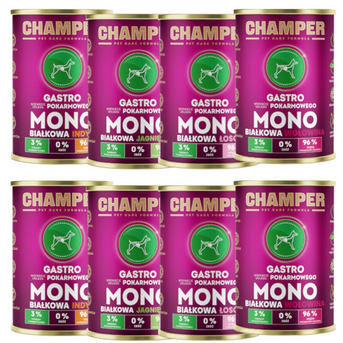 CHAMPER Karma dla psa GASTRO - monobiałkowa, 4 smaki - 8x400g