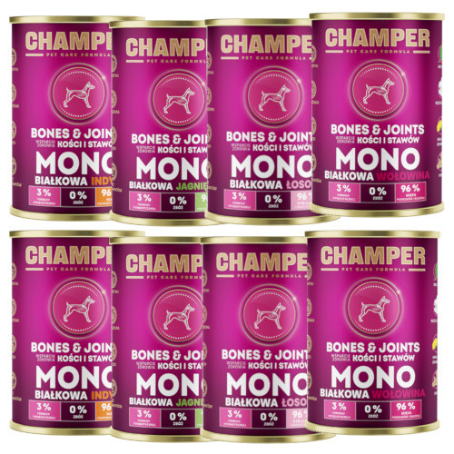 CHAMPER Karma dla psa BONES&JOINTS - monobiałkowa, 4 smaki - 8x400g